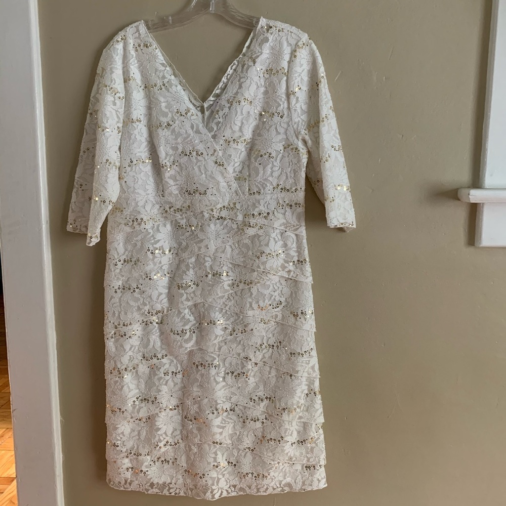 K Jordan White Lace Midi Dress with Gold Sequin Detail